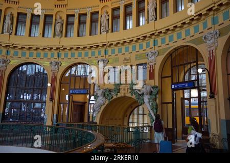 Prague, Czech Republic, July 8,2023: Interior of the historical main railway station in Prague, Czech Republic. It is one of the master work of Art No Stock Photo
