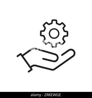 Profession of engineer concept. Line icon of faceless person demonstration round gear with lots of teeth on hand Stock Vector