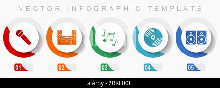 Multimedia icon set, miscellaneous icons such as microphone, stereo equipment, vinyl and speakers, flat design vector infographic template, web button Stock Vector