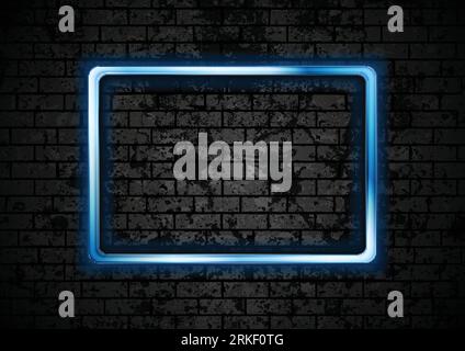 Blue glowing neon rectangle frame on black grunge brick wall. Vector design Stock Vector