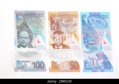 Eastern Caribbean Central Bank Polymer Dollars  2019 issue Vertical Format Reverse Side Sir William. Arthur Lewis on 100 Dollars, Sir K Dwight Venner Stock Photo