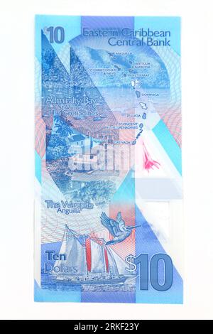 Eastern Caribbean Central Bank Polymer Dollars  2019 issue Vertical Format 10 Dollars Reverse Side Showing Admiralty Bay and Map of the Eastern Caribb Stock Photo