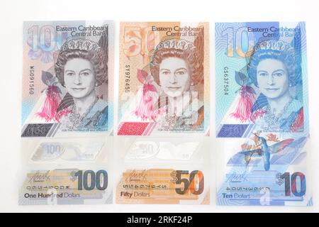 Eastern Caribbean Central Bank Polymer Dollars  2019 issue Banknotes  Vertical Format Queen Elizabeth II on Obverse Stock Photo