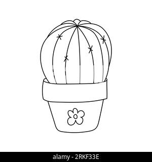 Hand drawn cute cactus in flower pot with flower in doodle style. Succulent home plant. Black and white outline vector illustration isolated on a whit Stock Vector