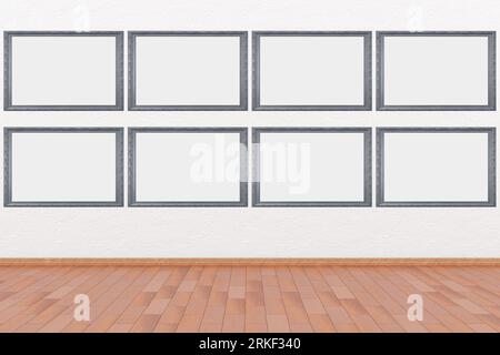 Frames, empty paintings on display on white wall. Eight frames with empty space for inserting text or images. Silver frames. 3D illustration Stock Photo