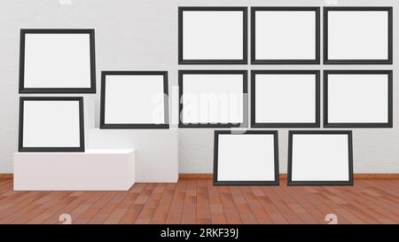 Frames, empty paintings on display on white wall. Eleven frames with empty space for inserting text or images. Wooden frames 3D illustration Stock Photo