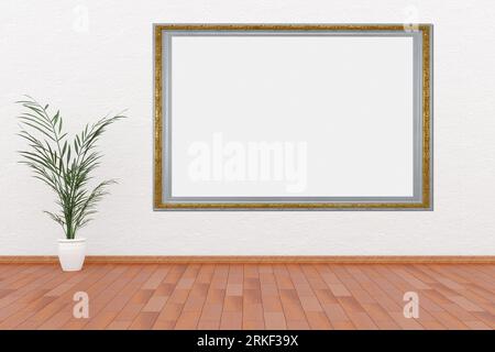 Frames, empty paintings on display on white wall. A frame with empty space for inserting text or images. Silver and gold frame. 3D illustration Stock Photo