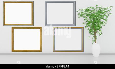 Frames, empty paintings on display on white wall. Four picture frames with empty space for inserting text or images. Silver and gold frames. 3D illust Stock Photo