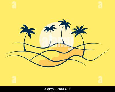 Desert landscape with palm trees and sand dunes. Sunrise in the desert, sand dunes with silhouettes of palm trees. Design for print, banners and poste Stock Vector