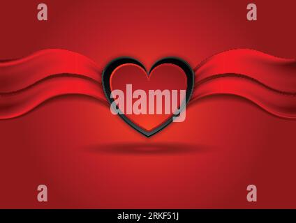 Bright red Valentines Day background with heart and glossy waves. Vector design Stock Vector