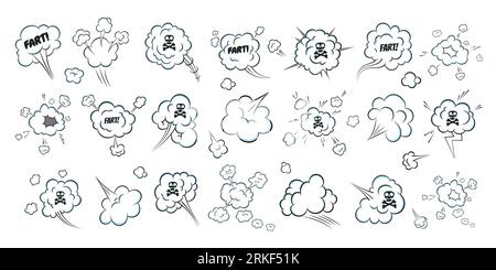 Smelling pop art comic book cartoon fart cloud flat style design vector illustration set with text and skull with crossed bones. Bad stink or toxic ar Stock Vector