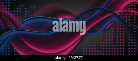 Blue and purple smooth waves and dots on black background. Vector design Stock Vector
