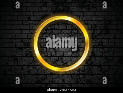 Glowing golden neon circle frame on black grunge brick wall. Vector design Stock Vector