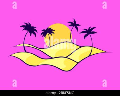 Desert landscape with palm trees and sand dunes isolated on pink background. Sunrise in the desert, sand dunes with silhouettes of palm trees. Design Stock Vector
