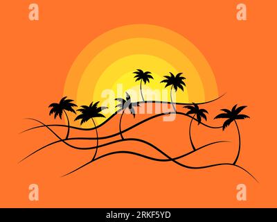 Wavy landscape with palm trees at sunset in line art style. Tropical landscape with silhouettes of palm trees in a minimalist style. Design for banner Stock Vector