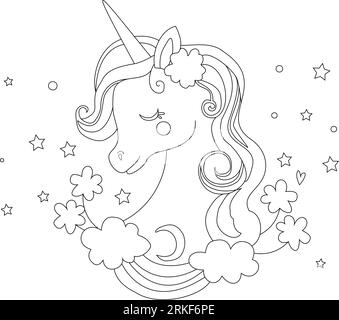 Dive into the World of Unicorn Coloring Book Magic, Fantastic animal. Black and white, linear, image. For the design of coloring books, prints, poste Stock Vector