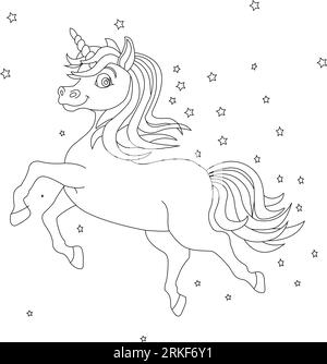 Dive into the World of Unicorn Coloring Book Magic, Fantastic animal. Black and white, linear, image. For the design of coloring books, prints, poste Stock Vector