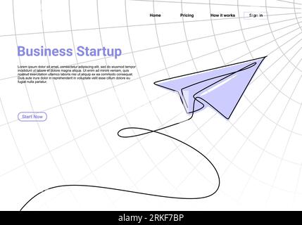 Airplane landing one line drawing. Vector business icon message illustration with business startup landing page. Stock Vector