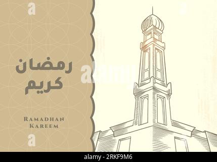 Ramadan Kareem greeting card with mosque tower. arabic calligraphy means "Holly Ramadan". Hand drawn sketch drawing of islamic symbol for banner, ads, Stock Vector