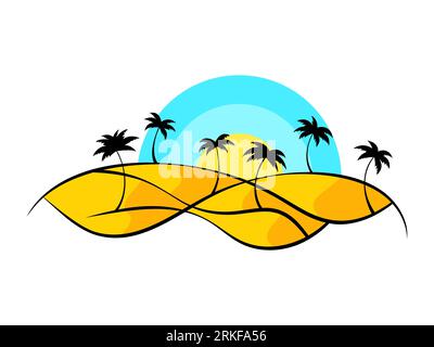 Tropical landscape with palm trees and sun isolated on white background. Desert landscape in the style of line art with palm trees, sand dunes and the Stock Vector