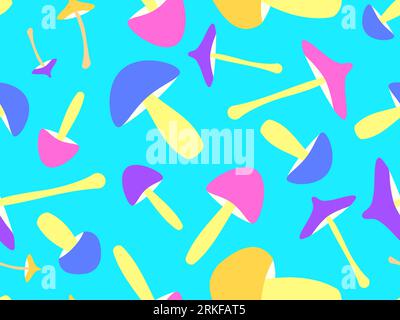 Colorful mushrooms seamless pattern. Mushroom on a long stalk in the style of the 80s. Hallucinogens and psychedelic mushrooms. Design for posters, ba Stock Vector