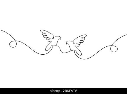 Continuous one line drawing of Flying two pigeons couple romantic. Black and white vector illustration. Romance theme good for valentine card. Stock Vector