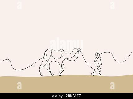 Continuous one line drawing of a man with camel on the desert Stock Vector