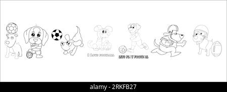 Coloring Page Outline Of cartoon boy with a soccer ball with dog. Football. Coloring book for kids. Cartoon illustration of a dog playing football Stock Vector