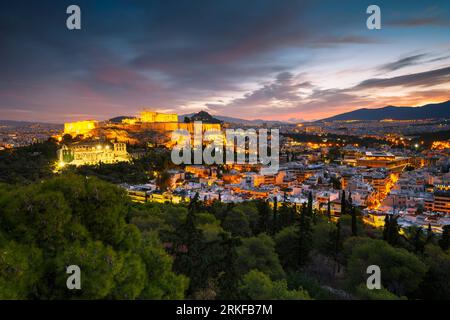 View of Athens from Filopappou hill at sunrise, Greece. Stock Photo