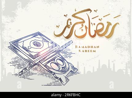 Ramadan Kareem greeting card with hand drawn sketch quran holly book drawing. Islamic decorative design for muslim community celebration. arabic calli Stock Vector