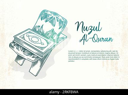 Nuzul Al-Qur'an greeting card. Hand drawn Quran holy book. Template banner for muslim celebration. arabic calligraphy means 'Holly Ramadan'. Stock Vector