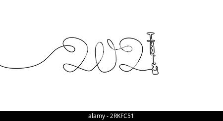 2021 New Year handwritten lettering with vaccine and injection symbol. Continuous line drawing text for greeting card design. Stock Vector