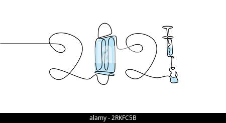 2021 New Year handwritten lettering with vaccine and injection symbol. Continuous line drawing text for greeting card design. Stock Vector