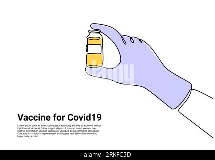 Hand with vaccine bottle continuous line drawing for landing page. Syringe vaccination , Medical vector illustration. Vaccination, inoculation, doctor Stock Vector
