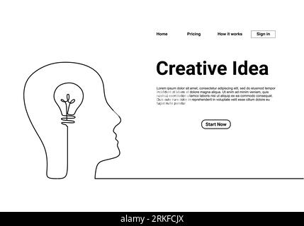 Continuous one line drawing of head with a bulb lamp for website landing page. Think big, point to idea concept minimal design isolated on white backg Stock Vector