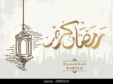 Ramadan Kareem greeting card with lantern sketch. arabic calligraphy means "Holly Ramadan" . Vintage hand drawn vector illustration. Stock Vector