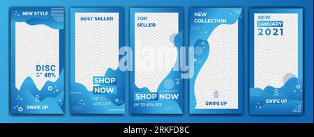 Collection abstract color in blue backgrounds. Social media gradient background. Mobile backgrounds mockup. Social media concept. Vector template desi Stock Vector