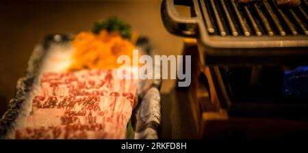 Raw Wagyu Beef with a Grill Stock Photo
