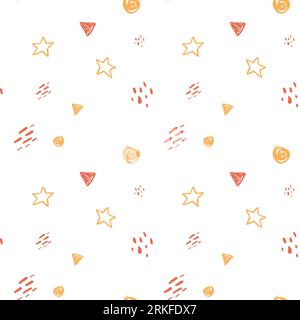 Hand drawn seamless pattern with soft yellow cute childish elements. Doodle triangles, stars and abstract dots icons in nice pattern isolated on white Stock Vector