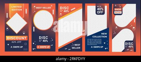 Design backgrounds for social media in gradient color orange and navy. Editable template for ig stories, ig template and web banner ads. Abstract desi Stock Vector