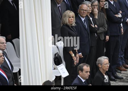 Paris, France. 25th Aug, 2023. Brigitte Macron during Jean-Louis Georgelin's national tribute held at the Hotel des Invalides in Paris, France on August 25, 2023. French former chief of staff of the armies and CEO of the Public Establishment in charge of the conservation and restoration of Notre-Dame de Paris cathedral, Jean-Louis Georgelin is dead on Friday, August 18th, at 74. Photo by Eliot Blondet/ABACAPRESS.COM Credit: Abaca Press/Alamy Live News Stock Photo