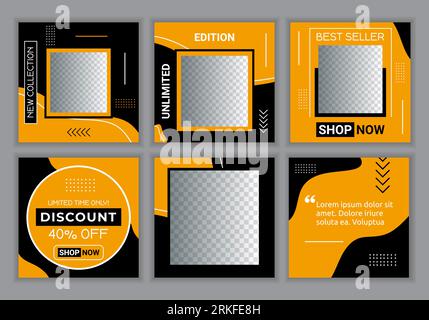 Editable template post for ig feed or social media ads. Black and yellow background color with stripe line shape. Web banner ads for promotion design. Stock Vector