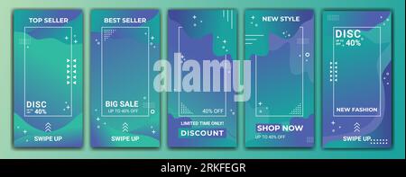 Editable story template collection with wave colored gradient in purple, blue and tosca. Abstract vector illustration for ig stories, ig frame, ig tem Stock Vector