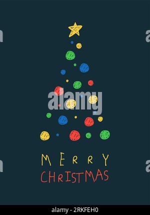 Hand drawn by small kid letters Merry Christmas greeting card with tree of colored balls, poster, holiday cover. Design templates with typography, sea Stock Vector