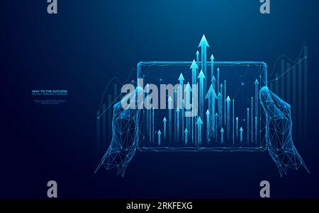 Abstract tablet with graph chart in the hands of a man close-up.  Stock Vector