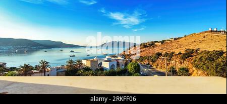 Day in small greece port city on the Adriatic Sea. Exciting Adriatic seascape. Incredible spring scene. Traveling concept background. Stock Photo