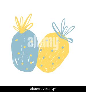 Two blue and yellow pineapples. Hand drawn colored doodle icons. Cute fruit design for textile fabric or wallpaper summer backgrounds Stock Vector