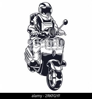 Astronaut riding scooter in monochrome style isolated vector illustration. Biker spaceman rides motorcycle. Print for t-shirts and another, trendy app Stock Vector