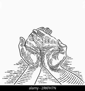 Hand drawn a hand's man in praying position. The palm of an Islamic praying and a symbol of faith mosque. Simple hands gesture sketch vector illustrat Stock Vector