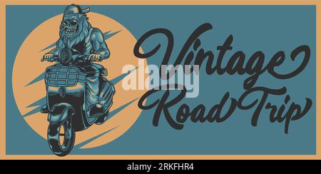 Ferocious gorilla in biker style and goggles in vintage style isolated vector illustration. Vintage primate monkey riding old scooter motorcycle. Good Stock Vector